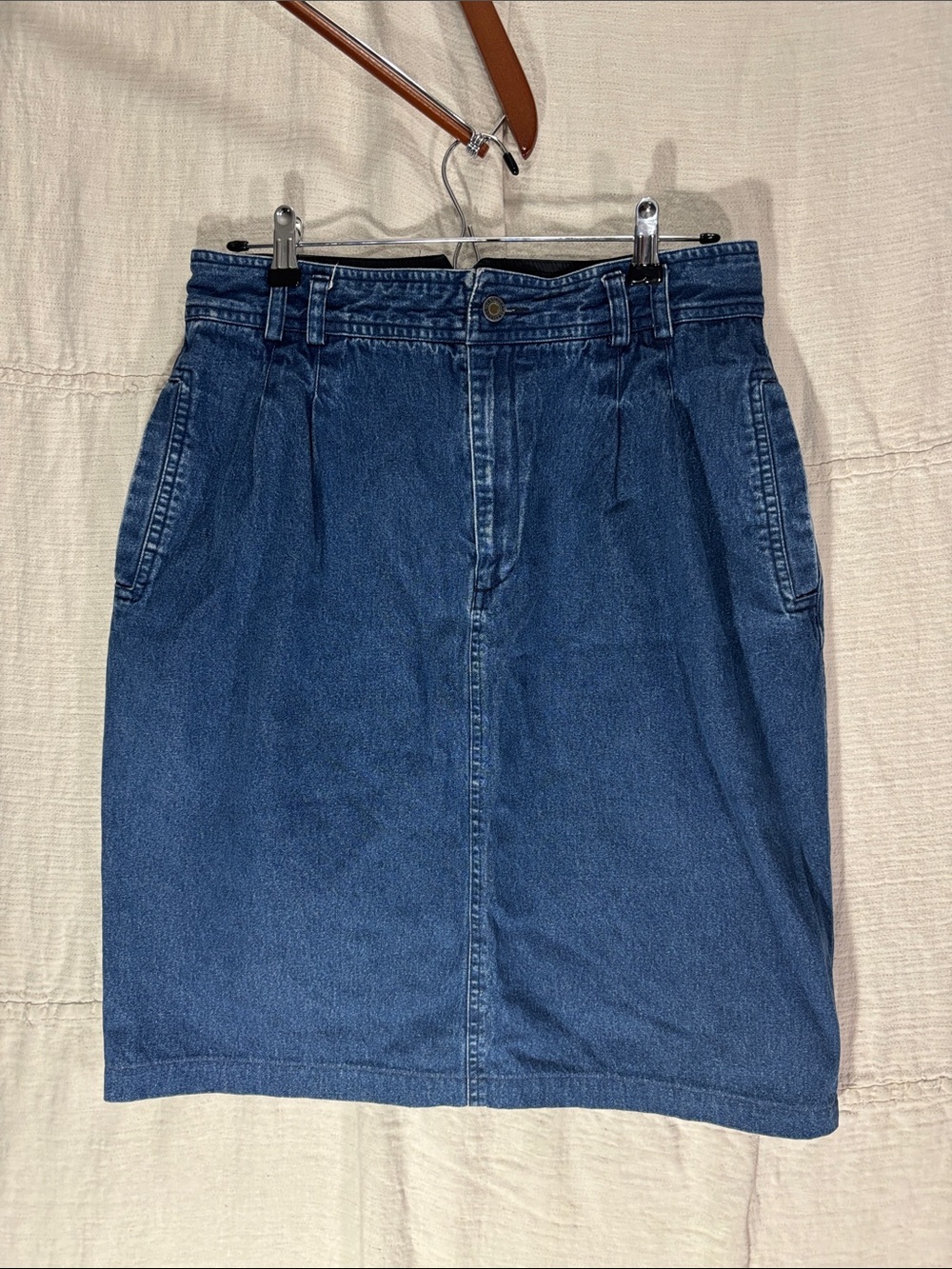 Vintage LizSport Blue Denim Midi Skirt Pleated High Waist Pockets Size 16